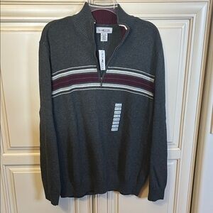 Men's Charcoal 3/4 Zip-Up Sweater with Burgundy Stripes